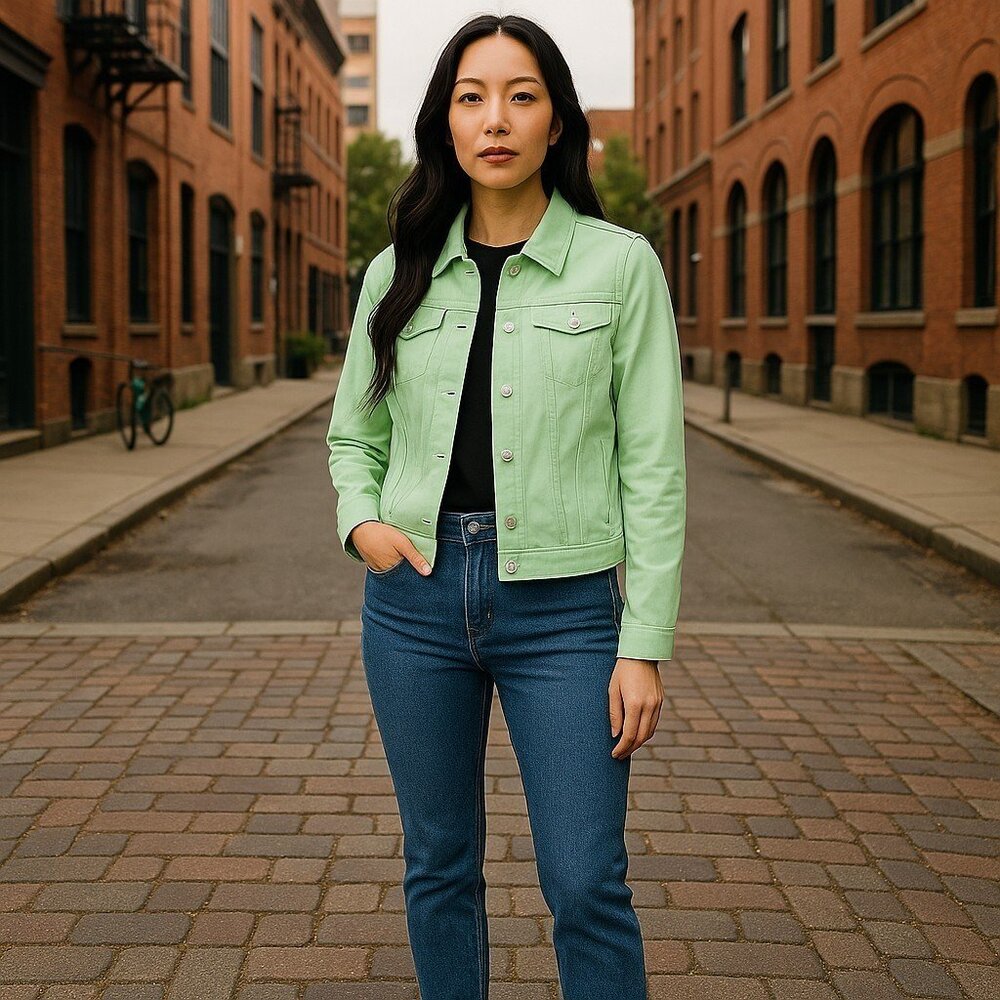 Monterey Bay Women's Size 6 Green "Jean"‎ Trucker Jacket Cotton Spandex Pockets